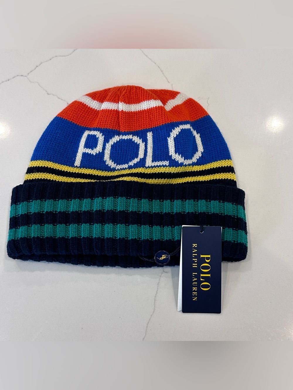 Polo Ralph Lauren Logo Striped Wool-Blend Beanie One Size Multi Color NWT